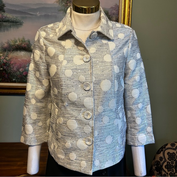 Chico’s White Blue Silver Metallic Sequin Polka Dot 3/4 Sleeve Blazer Jacket - Picture 1 of 12